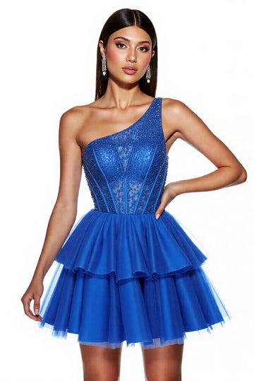 Robe courte de bal en tulle corset perlé bleu royal scintillant à une épaule